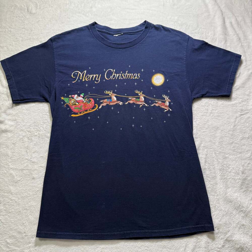 Vintage Merry Christmas Santa & Reindeer Graphic T-Shirt - Navy Blue